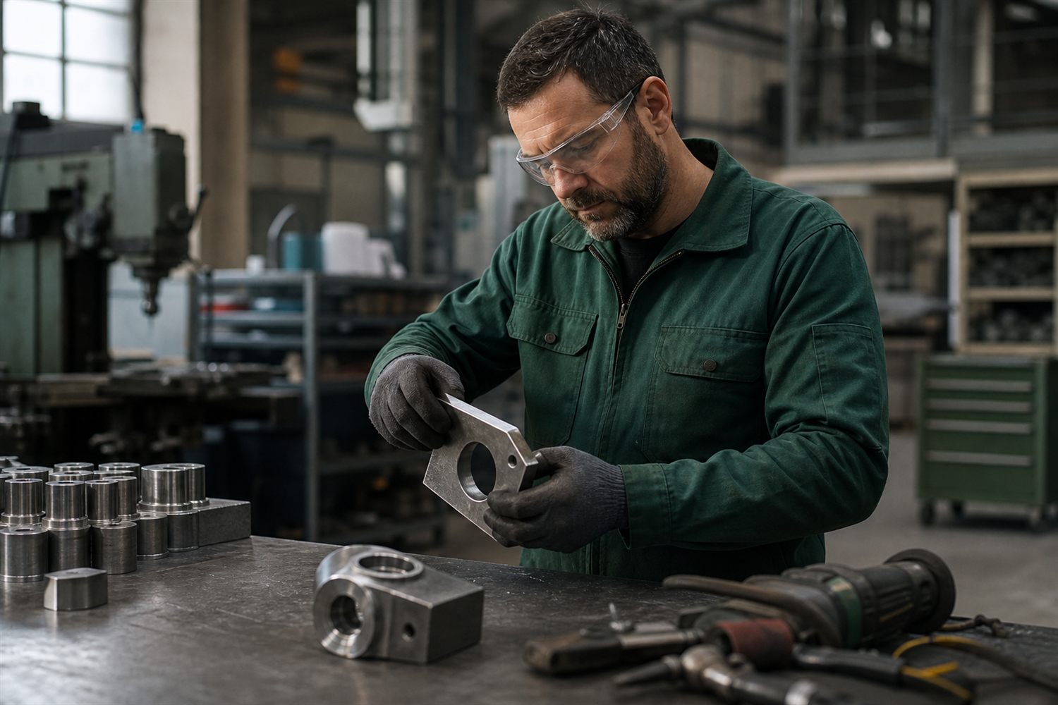 Metalworker inspecting a part in a workshop