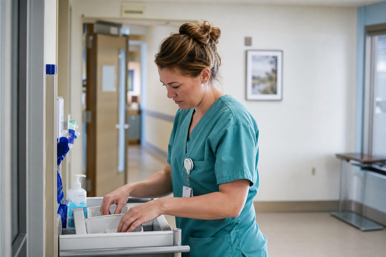 Nurse preparing care materials in a healthcare setting